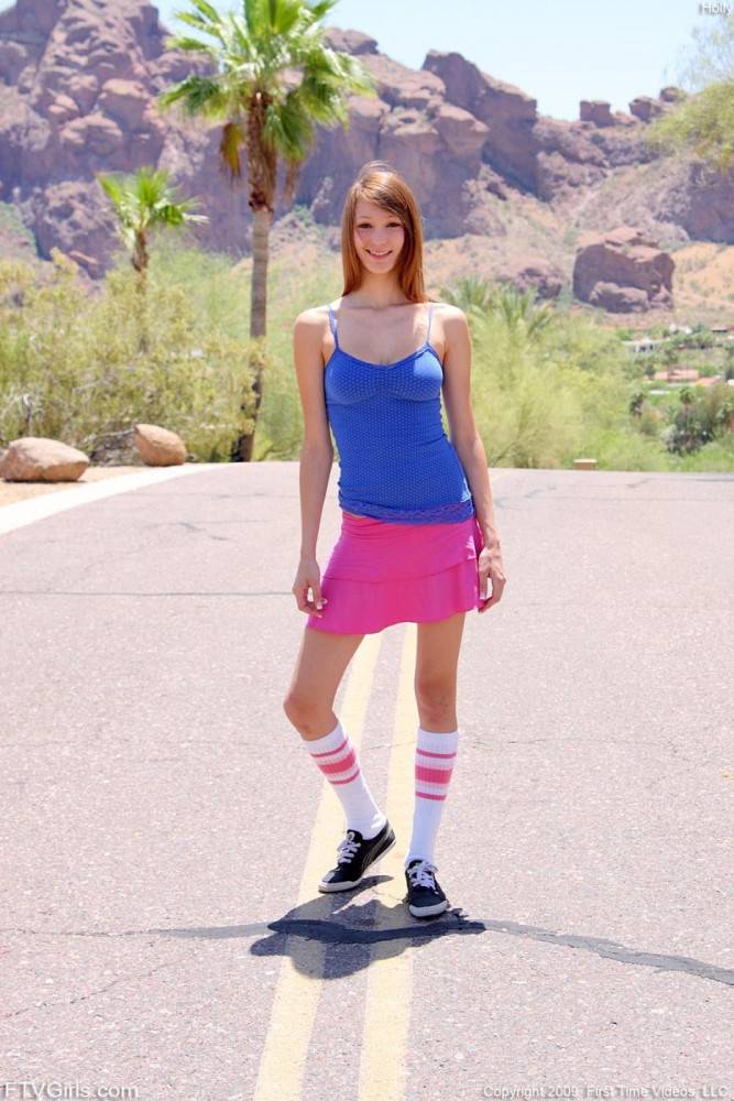 Teen Girl Holly FTV In Blue Top And Pink Skirt Flashes Her Tits And Pussy By The Road - #1