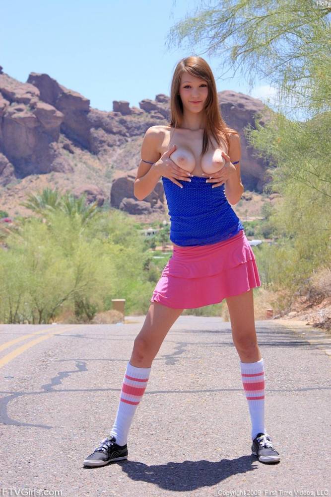 Teen Girl Holly FTV In Blue Top And Pink Skirt Flashes Her Tits And Pussy By The Road - #7
