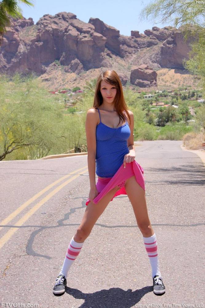 Teen Girl Holly FTV In Blue Top And Pink Skirt Flashes Her Tits And Pussy By The Road - #4