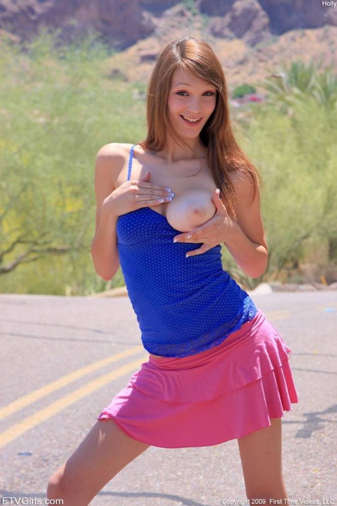 Teen Girl Holly FTV In Blue Top And Pink Skirt Flashes Her Tits And Pussy By The Road - #6
