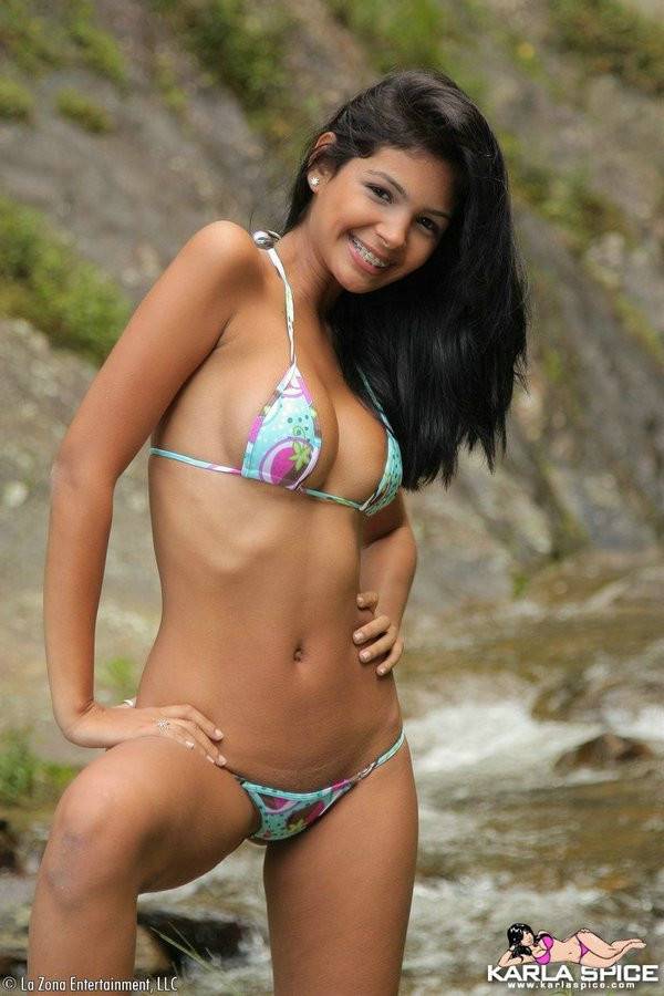 Slender Latina Girl Karla Spice Dressed In Blue Bikini Gets Topless Outdoors - #2