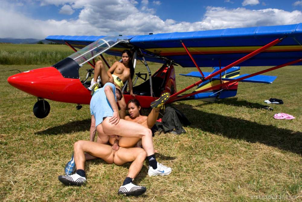 Asian Girls Priva And Jade Sin Get Fucked By Two Guys In The Field Beside The Plane - #13