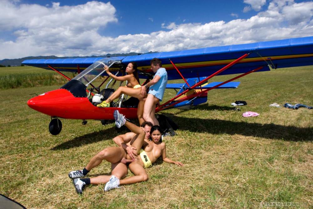 Asian Girls Priva And Jade Sin Get Fucked By Two Guys In The Field Beside The Plane - #2
