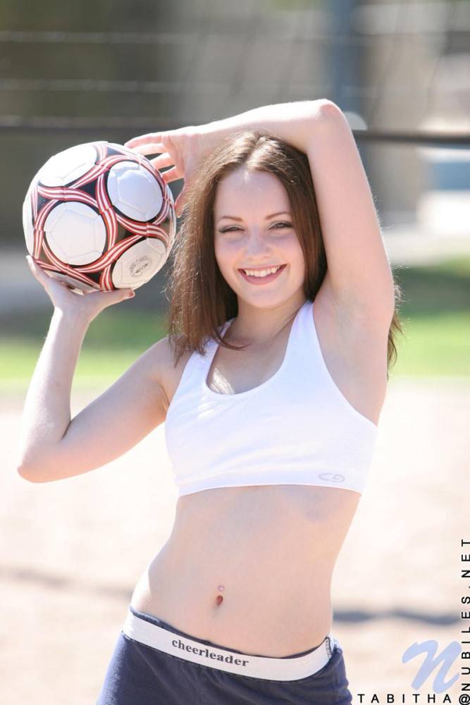 Smiling Sportive Girl Tabitha Nubiles In Snow White Top And Blue Shorts Poses With A Ball Outside - #17