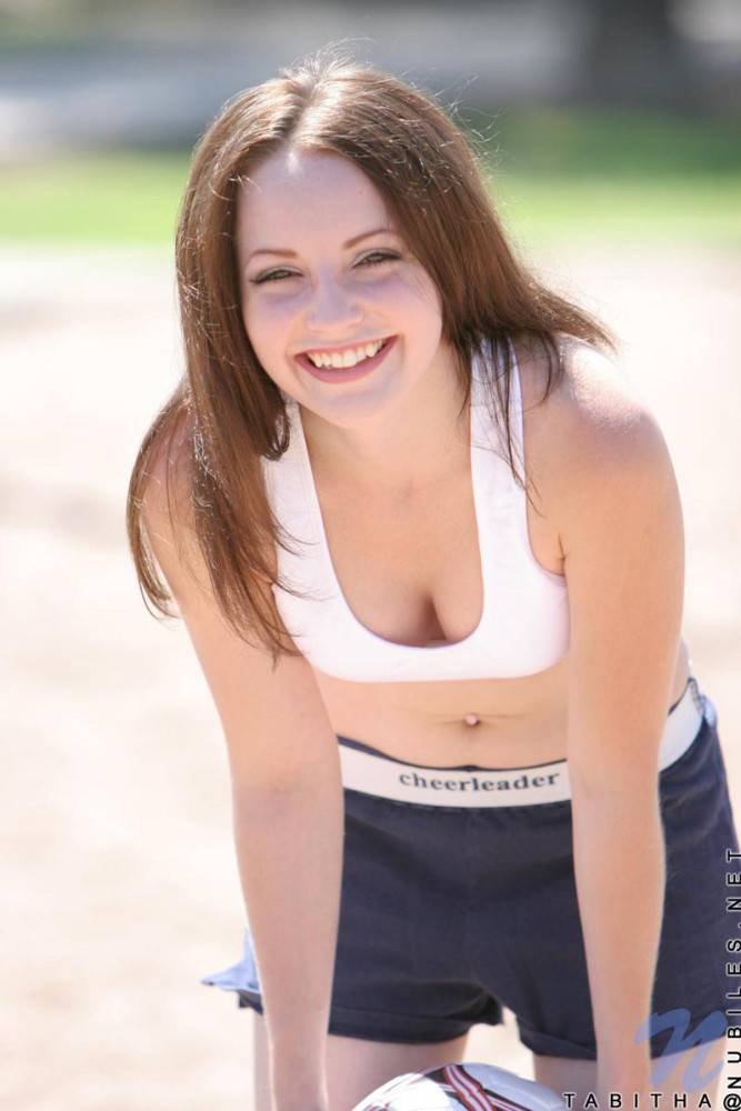 Smiling Sportive Girl Tabitha Nubiles In Snow White Top And Blue Shorts Poses With A Ball Outside - #9