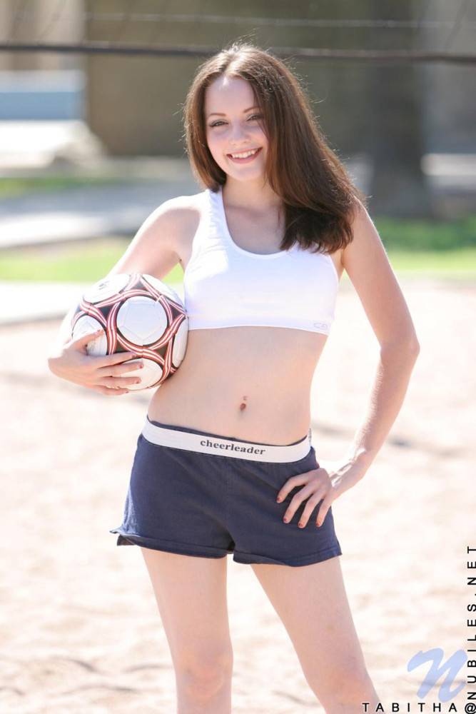 Smiling Sportive Girl Tabitha Nubiles In Snow White Top And Blue Shorts Poses With A Ball Outside - #6