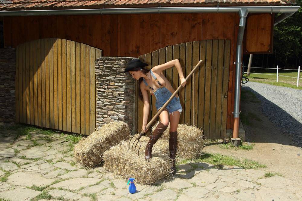 Sexy Brunette Cowgirl Monika Benz Has Stripped On The Farm And Slid Panty In Vagina - #5