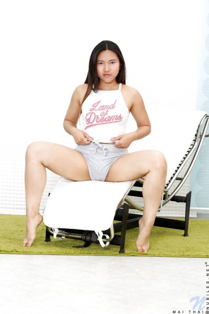 Hot oriental brunette teen Mai Thai in fancy shorts makes some foot fetish - #5