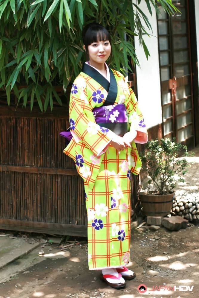 Japanese girls in yellow kimono shown her hairy twat - #1