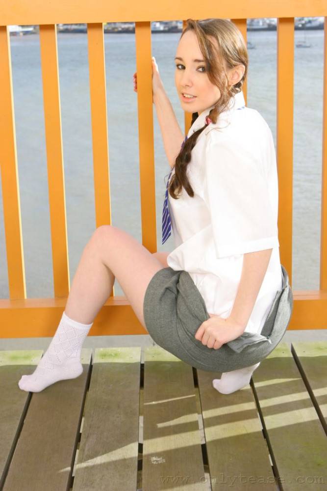 Flat Chested Schoolgirl Laura J In Pigtails Does Strip Tease On Balcony - #9