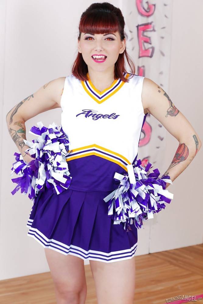 Tattooed schoolgirl cheerleader undresses for bald cunt spreading - #2