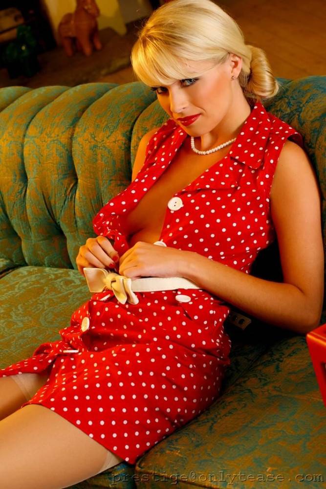 Glamorous Blonde Danni With Retro Hair Style Removes Her Polka Dot Red Dress - #10
