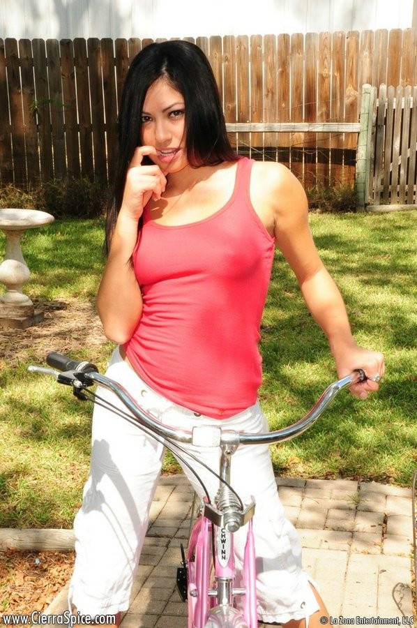 Dishy Latina Girl Cierra Spice Does Striptease On A Bicycle In The Backyard - #9