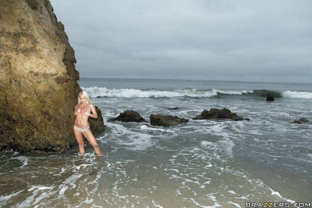 Stunning hungarian pornstar Jessica Moore shows big hooters and vagina at beach - #1