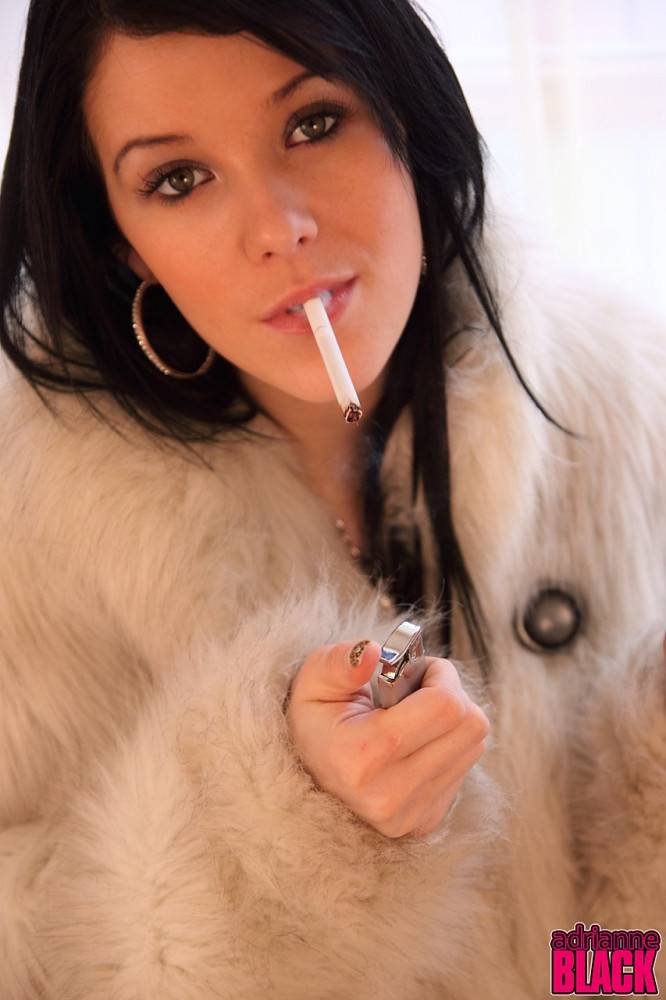 Raven Haired Adrianne Black In Fur Coat Flashes Her Boobs As She Smokes A Cigarette - #11