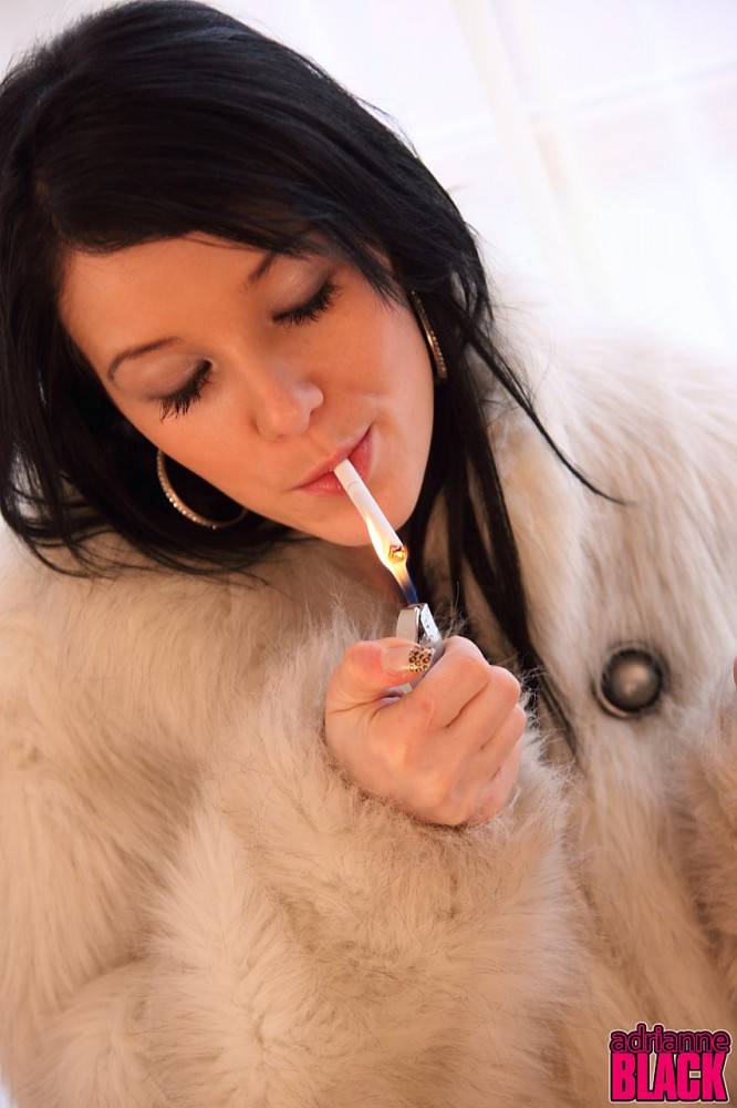 Raven Haired Adrianne Black In Fur Coat Flashes Her Boobs As She Smokes A Cigarette - #10