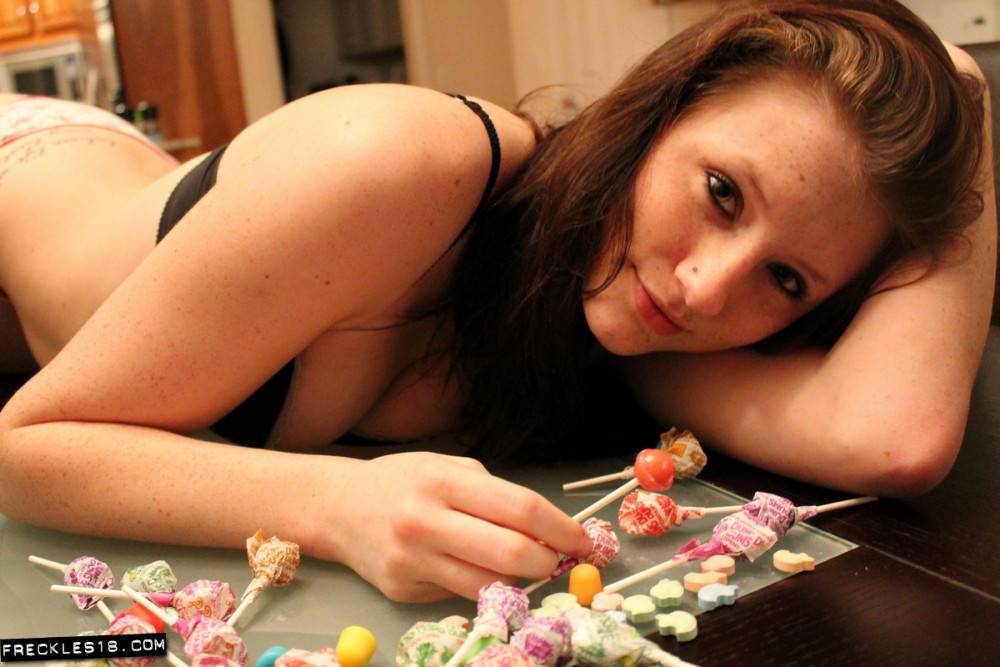 Seductive Teen Brunette Girl Freckles Is Sprawled In The Middle Of All This Candy - #7