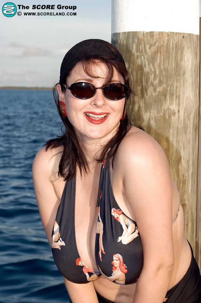 Splendid british fatty Lorna Morgan in hot bikini baring big titties and spreading her legs at beach - #2