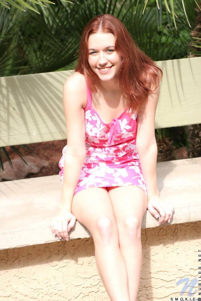 Red-haired Teen Girl Smokie Nubiles In Pink Dress Flashes Her Nicely Trimmed Snatch - #10