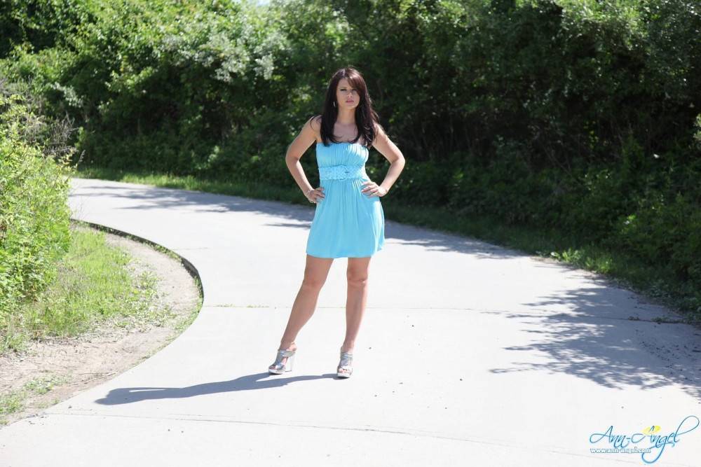 Brunette Ann Angel In Nice Blue Summer Dress Flashes Her Juicy Tits Outdoors - #10