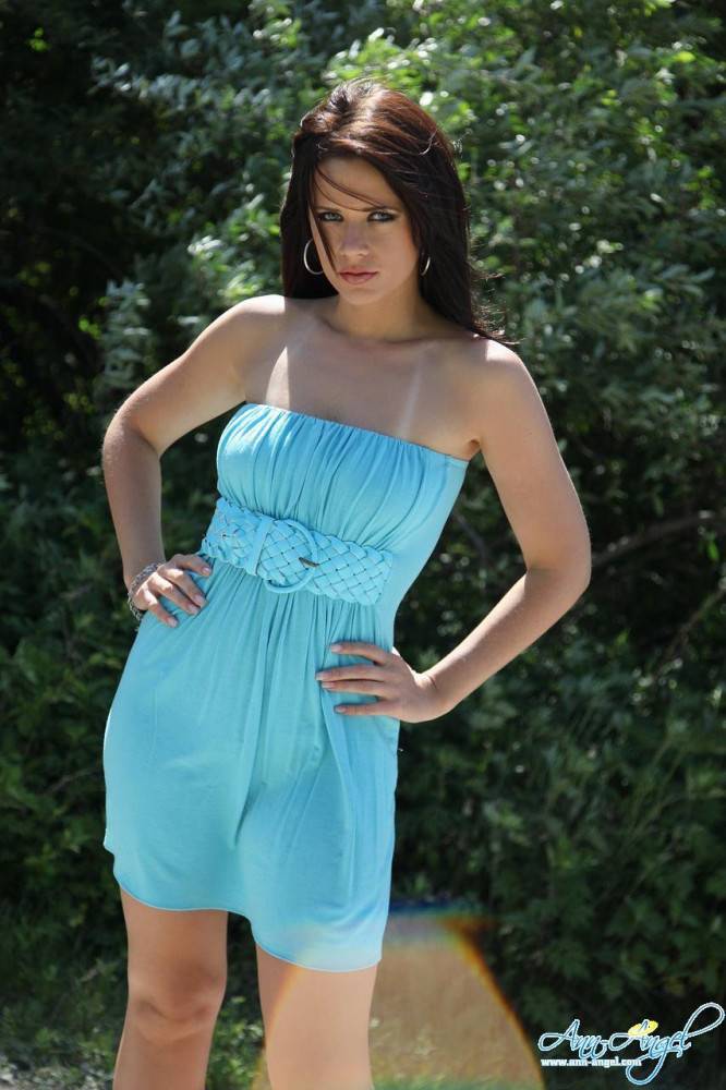 Brunette Ann Angel In Nice Blue Summer Dress Flashes Her Juicy Tits Outdoors - #1