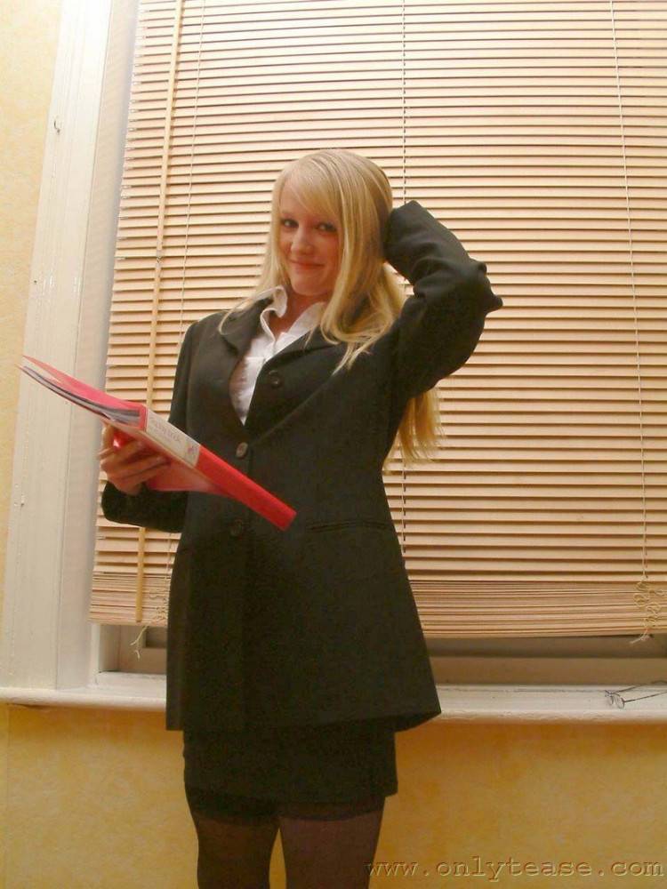 Fair Haired Secretary Sharon With Shy Eyes Displays Her Nice Black Underwear - #3