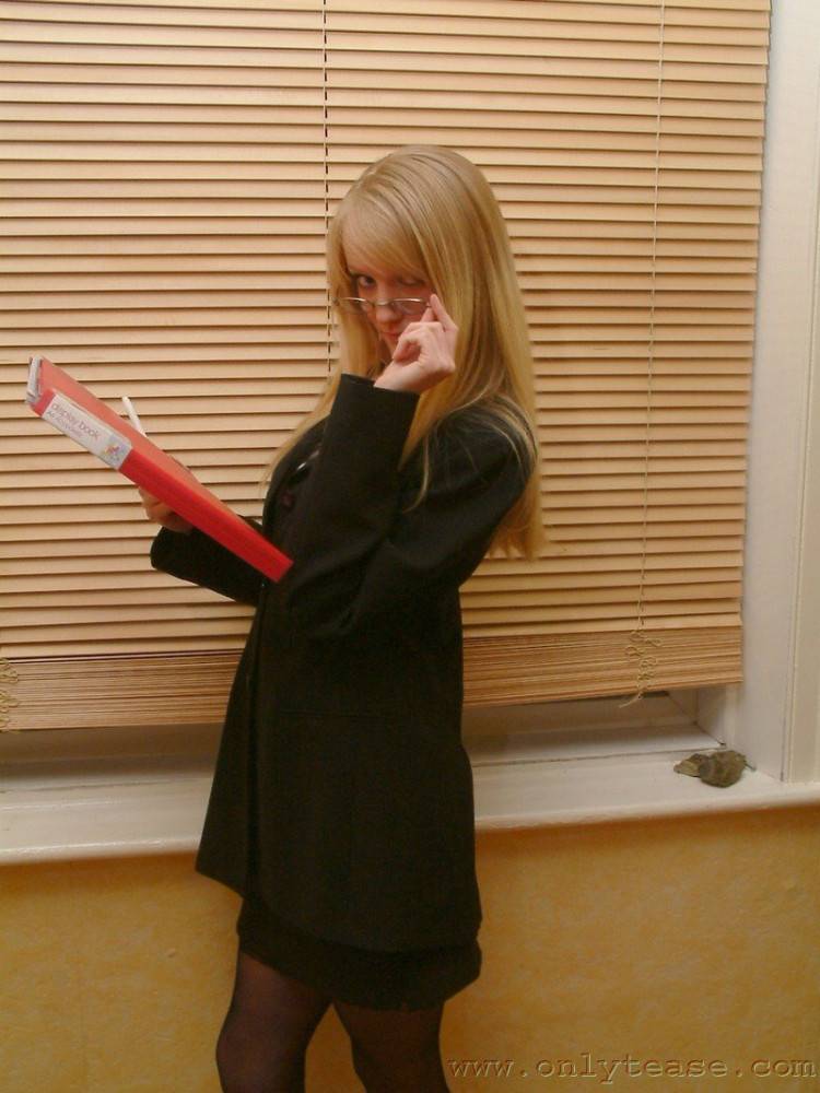 Fair Haired Secretary Sharon With Shy Eyes Displays Her Nice Black Underwear - #2