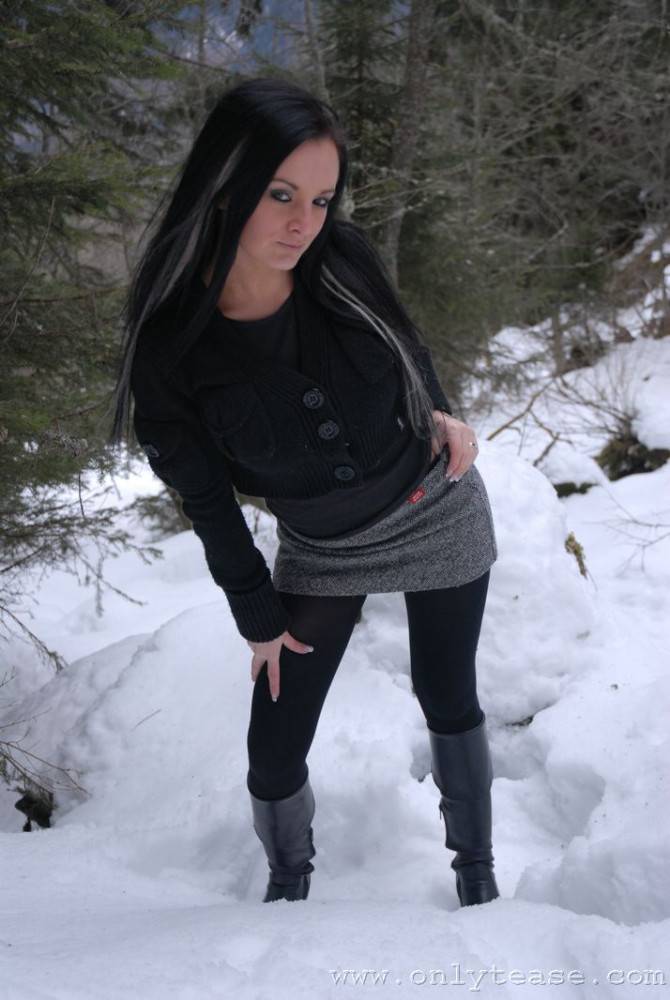 Very Brave Brunette Kate B In Tight Black Pantyhose Poses Topless In Winter - #2