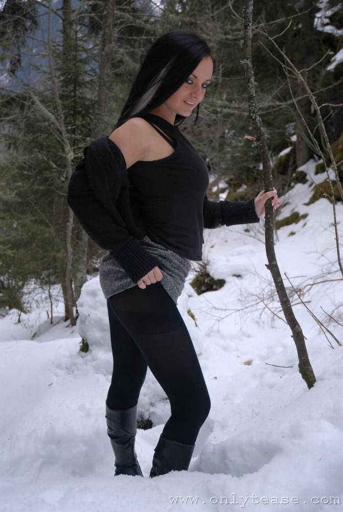 Very Brave Brunette Kate B In Tight Black Pantyhose Poses Topless In Winter - #4