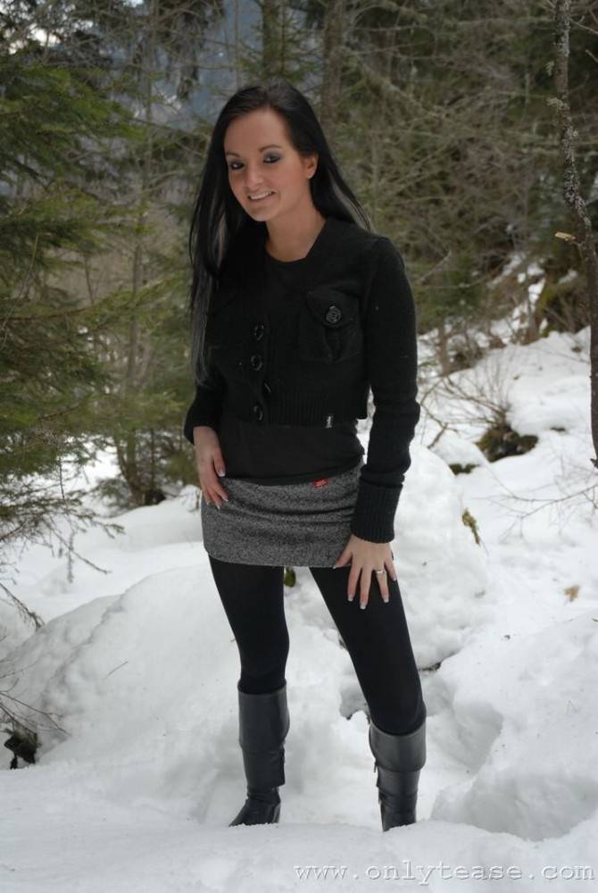 Very Brave Brunette Kate B In Tight Black Pantyhose Poses Topless In Winter - #1