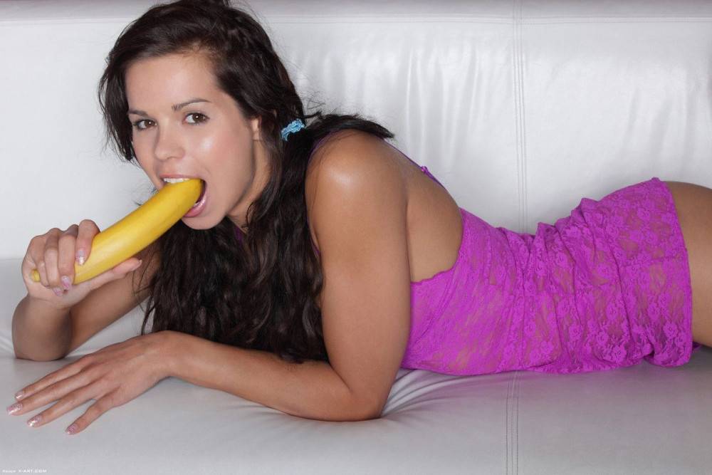 Petite Brunette Jessica Koks With Tiny Tits And Tight Pussy Eats Banana And Strips Naked - #13