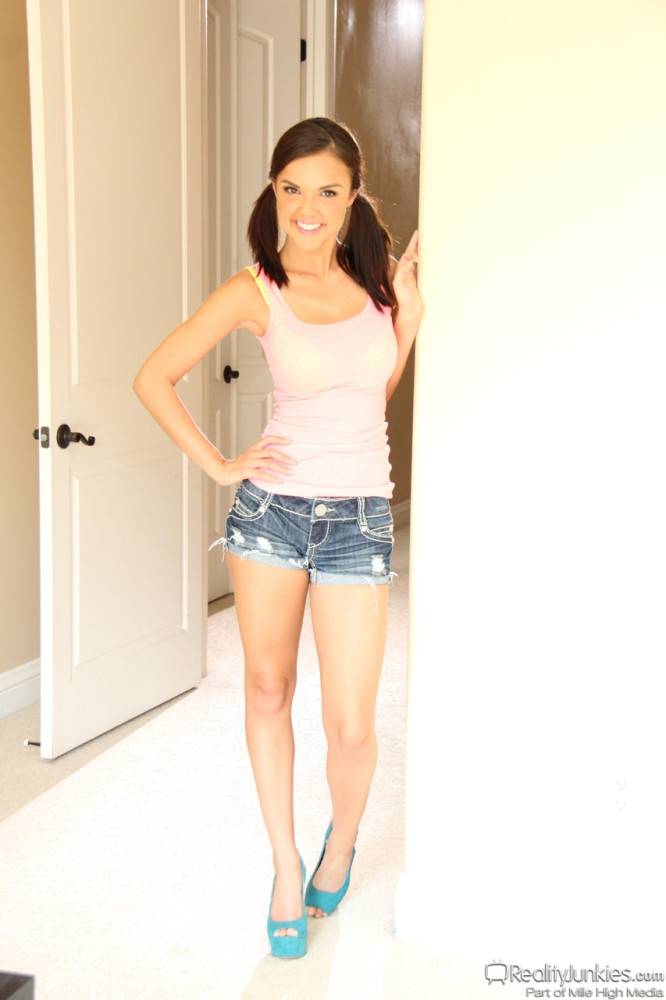 Seductive american babe Dillion Harper in fancy shorts bares big boobs and sissy - #1