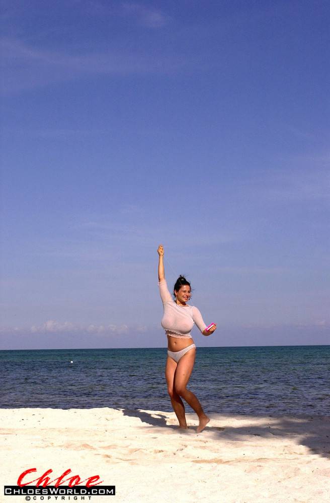 Seductive german dark-haired milf Chloe Vevrier in beautiful bikini shows big tits and spreads her legs on the beach - #1