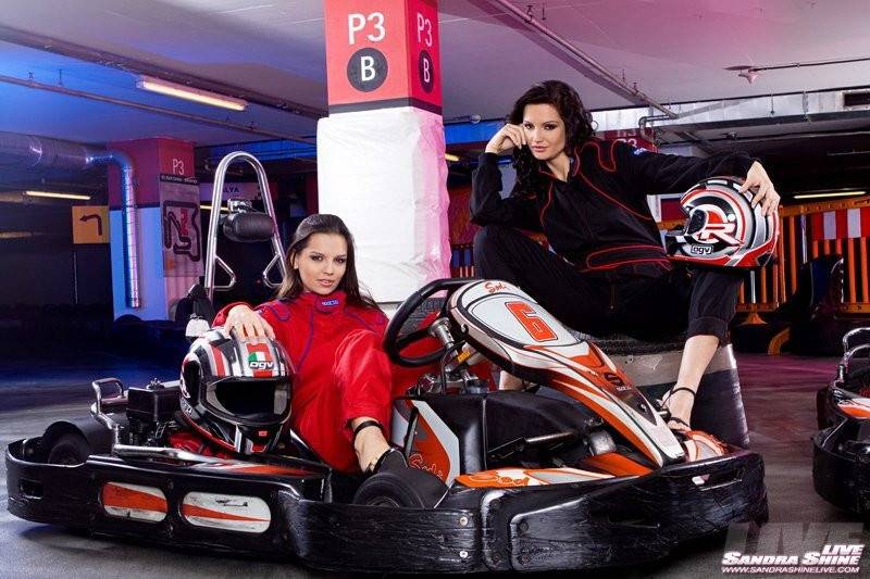 Magnificent Brunettes Eve Angel And Sandra Shine Show Their Bald Pussies In A Kart Club. - #1