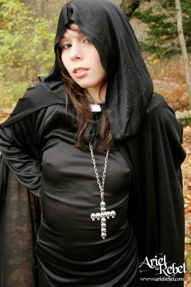 Naughty Teenage Nun Ariel Rebel Dressed In Black Flashes Her Bald Pussy Outdoors - #7