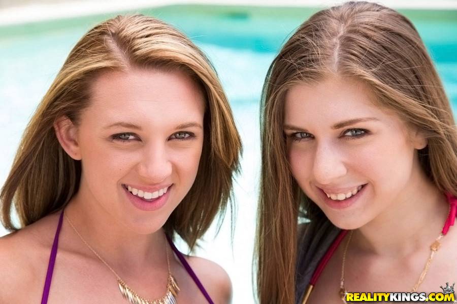 Curious girls Alex Chance and Brooke Wylde in bikini enjoy a passionate lesbian foreplay at pool | Photo: 8136827