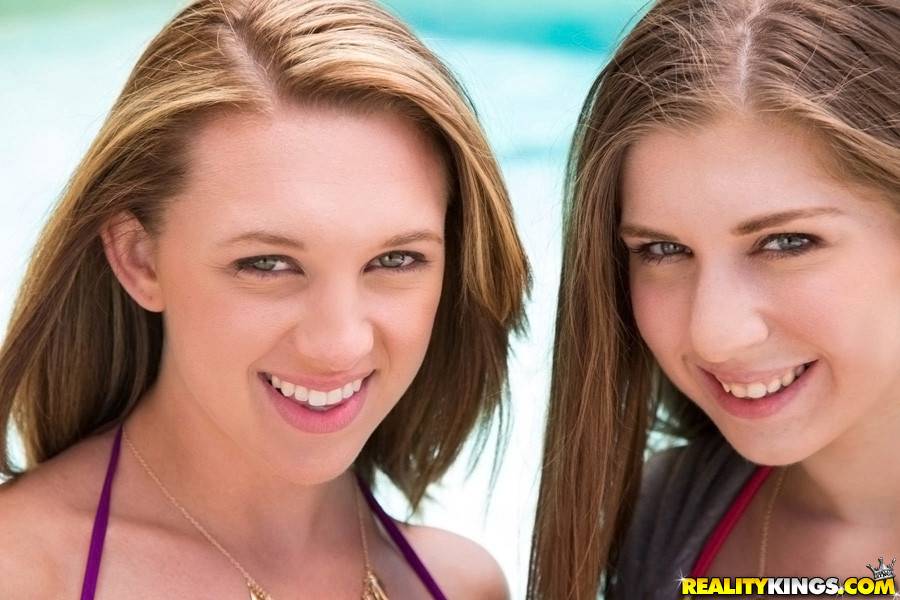 Curious girls Alex Chance and Brooke Wylde in bikini enjoy a passionate lesbian foreplay at pool - #14