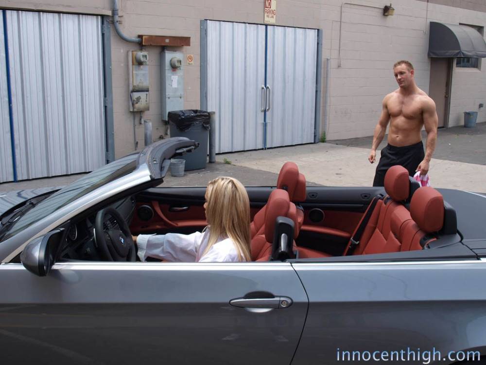 Slim Teen Kara Novak In White Mini Skirt Does Striptease In Her Cabriolet Then Gets Stuffed Indoors - #9