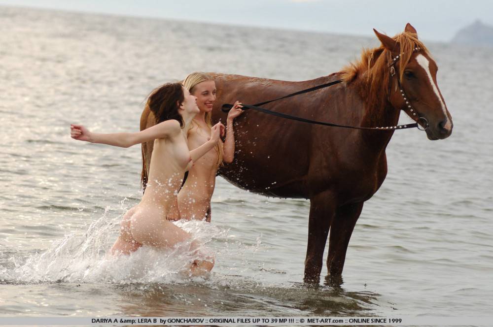 Naked Slender Lesbian Friends Dariya A And Lera B Ride The Horse Naked Together At The Seaside - #6