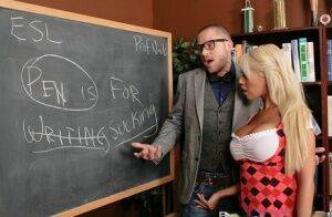 Slutty schoolgirl with big tits Bridgette B gets porked in the classroom on nudesceleb.com