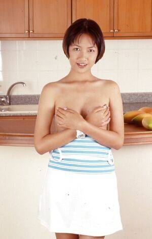 Clothed Asian with tiny tits is posing in the kitchen with spread legs on nudesceleb.com