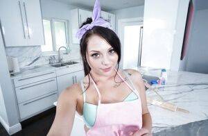 Teen babe with tiny tits Megan Sage touches herself with toys in the kitchen on nudesceleb.com