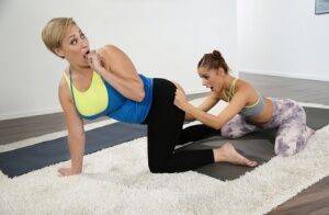 Older and younger chicks Vanna Bardot & Ryan Keely do yoga before lesbian sex on nudesceleb.com