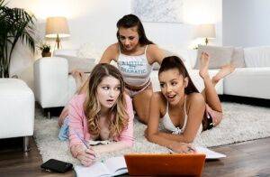 Young girls get busy with a lesbian threesome on a sofa ensemble on nudesceleb.com