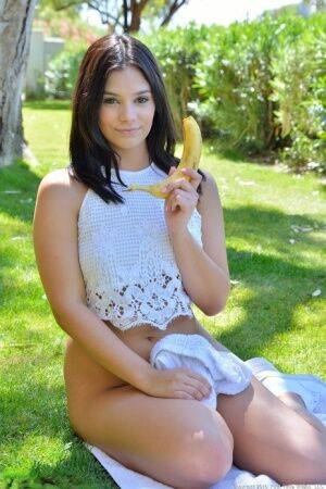 Nice teen inserts all kinds of veggies up her snatch out on the lawn on nudesceleb.com