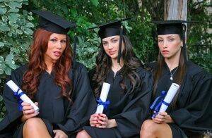 Three hot babes celebrating college graduation with lesbian sex on nudesceleb.com