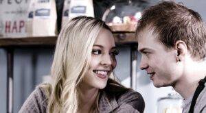 Young blonde Lily Larimar has sex with a guy while they're working in cafe on nudesceleb.com