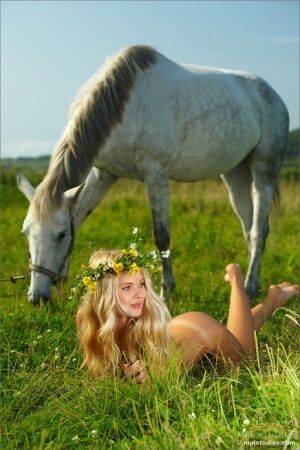 Adorable blond wear a crown of wildflowers while modeling nude against a horse on nudesceleb.com