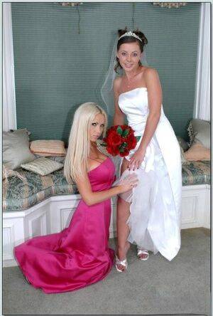 Busty blonde Nikki Benz helping Penny Flame to try on wedding dress on nudesceleb.com
