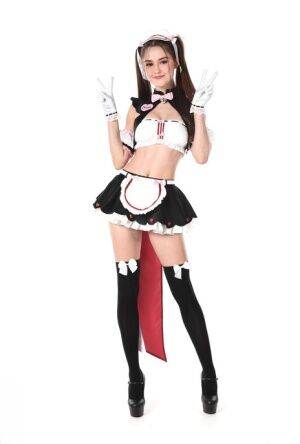 Cute girl Sonya Blaze models naughty maid apparel before dildoing her pussy on nudesceleb.com